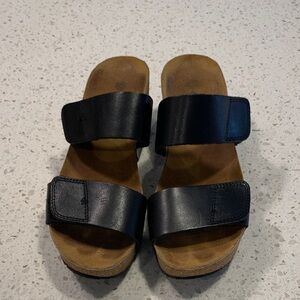 Eric Michael Black Double-Strap Leather Slide Sandals